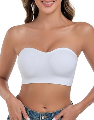 ANGOOL Damen Trägerloser BH ohne Bügel Push Up BH ohne Träger Feste Polster Bandeau Top Damen Seamless mit Transparente und Primärfarbige Träger, Weiß, S