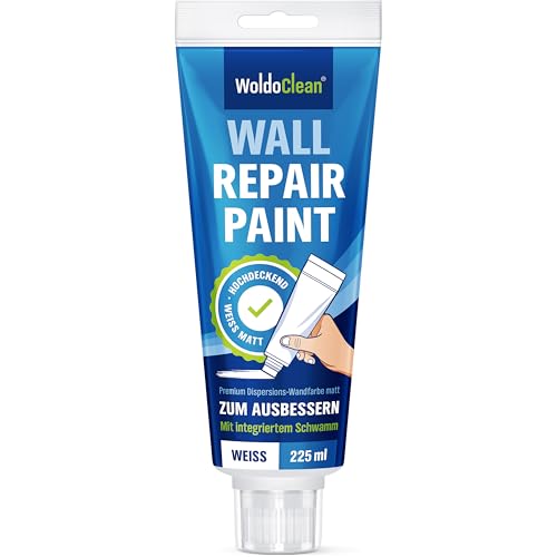 WoldoClean Ausbesserungsfarbe weiße Innenfarbe 225 ml - mit Dosierschwamm zum einfachen Ausbessern kleiner Wand- und Deckenschäden