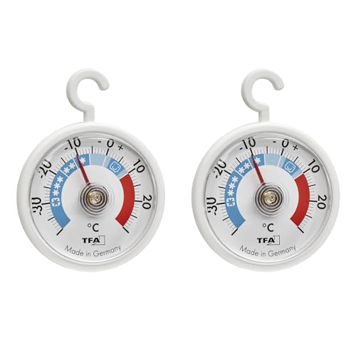 TFA Dostmann 2er Set Analoge Kühlthermometer mit Haken, 95.1036, handlich, mit Kühlzonen, für Kühlschrank, Gefrierschrank und Kühlhaus zur Temperaturkontrolle, bis -40°C, weiß