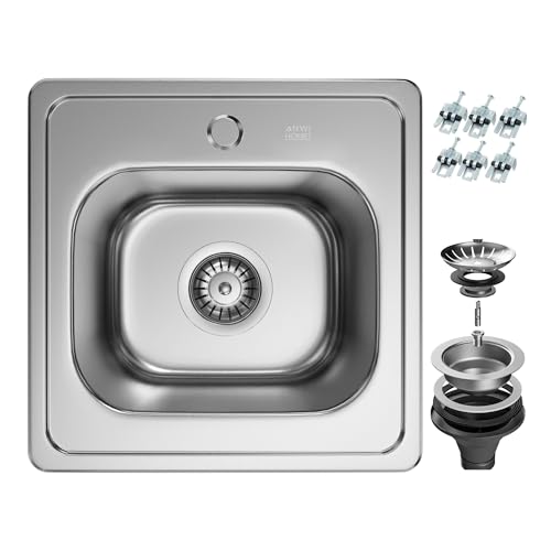 ANW HOME Einbauspüle Edelstahl 38x38 cm 20 cm Tiefe Satin Oberfläche Einbeckspüle 1 Becken Küchenspüle mit Siphon Ablaufgarnitur