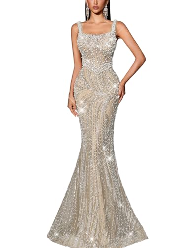 VOUIAO Damen Pailletten Meerjungfrau formales Abendkleid Ballkleid Beige XL
