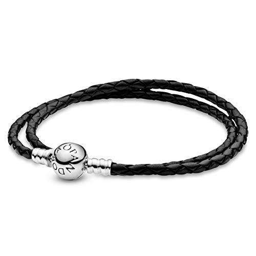 PANDORA Moments doppeltes Schwarzes Lederarmband mit geprägtem Kugelverschluss aus Sterling-Silber, vielseitig kombinierbar, Größe: 38cm