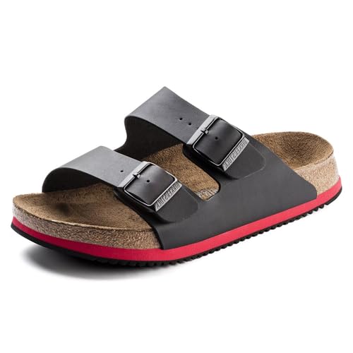 Birkenstock Sandale Arizona Superlauf, Birko-Flor Pantolette Schuh Halbschuh Latsche Zweischnaller Berufsschuh Schuhe Birki Arizona Slipper - Schwarz/Rot - Normal - Gr. 43