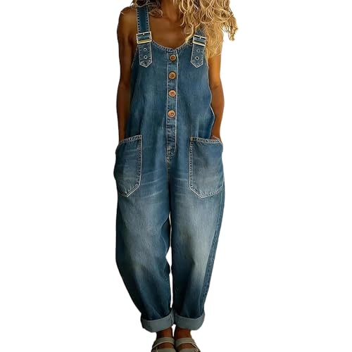 JIAALU Latzhose Damen Denim overall im Vintage-Stil der 90er Jahre in Distressed-Optik Weite Bein Jumpsuit Sommer Boho Strampler Ärmellos Riemchen Overalls Loose Fit Baggy Playsuits