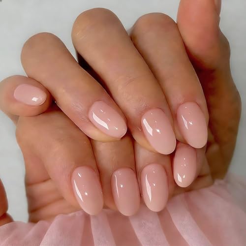 KQueenest Soft Gel Press On Nails Kurz, 32 Stück 16 Sizes Koralle Rosa Nägel zum Aufkleben Kurz Rund, Natürlich Mandel Fake Nails Press ons, Einfach Peach Künstliche Nägel für Frauen Maniküre
