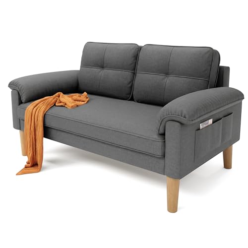 Xbro Sofa 2 Sitzer, 144 x 77 x 77 cm Kleine Couch 2 Sitzer mit Armlehne und Seitentasche, Modernes Stoffsofa für Wohnzimmer, Wohnung, Büro, Einfache Montage, Dunkelgrau