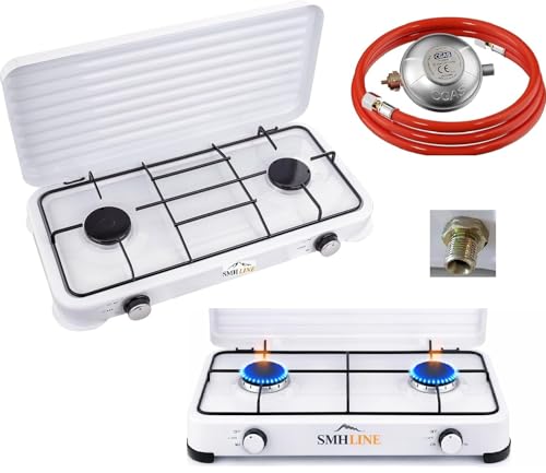 SMH LINE® Gaskocher Campingkocher 2 flammig inkl. Schlauch und Regler 50 mbar Gas Propangas 4,4 KW Kochfeld Camping Gasflasche Herd Outdoor Kocher Tischkocher XL