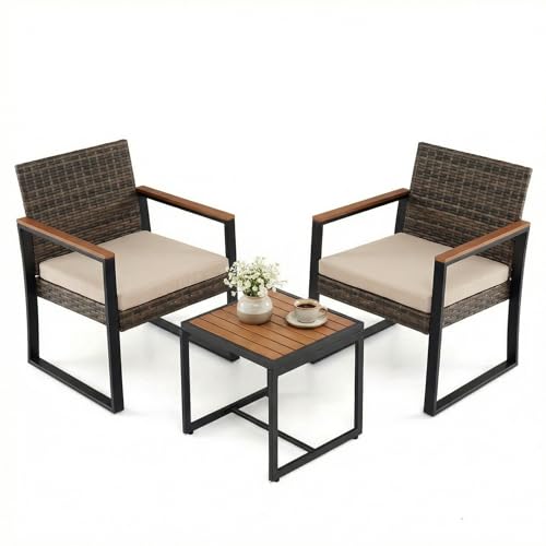 COSTWAY Balkonmöbel Set, Polyrattan Gartenmöbel Set mit 2 Stühlen, Tisch & Kissen, Balkon Möbel für kleinen Balkon, Balkonset 2 Personen, 3 Teilig Sitzgruppe Outdoor für Terrasse & Garten (Beige)