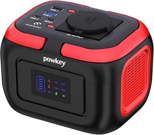 Powkey Tragbare Powerstation 26400mAh/97.68Wh, Powerbank mit Steckdose 120W 230V AC Ausgang 12V 6A DC, Notstromaggregat mit LED und SOS, Solargenerator für Camping Reisen,Solarpanel Nicht Dabei