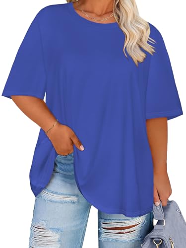 Damen Große Größen T Shirt Sommer Plus Size Tops Kurzarm(blau,4XL)