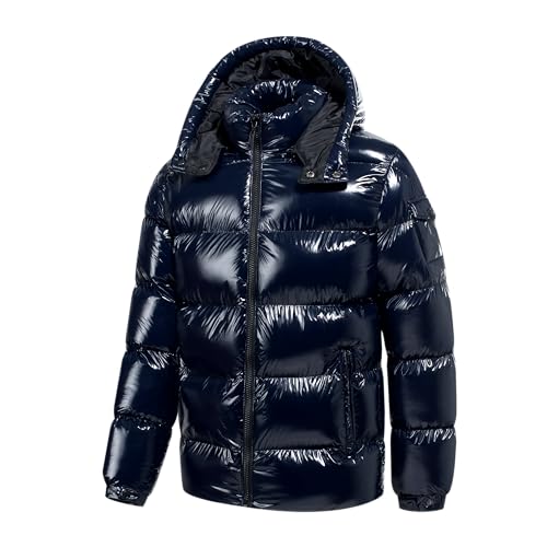 TONY BACKER Kurze Daunenjacke für den Winter, glänzend, für Herren, winddicht, wasserdicht, mit abnehmbarer Kapuze, 2615, Marineblau, S