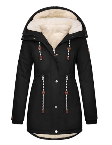 Xnova Wintermantel Damen Winterjacke Parka Lang Warm Gefütterter mit Kapuze, Teddyfleece Mäntel Reißverschluss Winterparka Mittlere Baumwolle Kapuzenmantel Fleece Wärme Frauen(Schwarz, M)