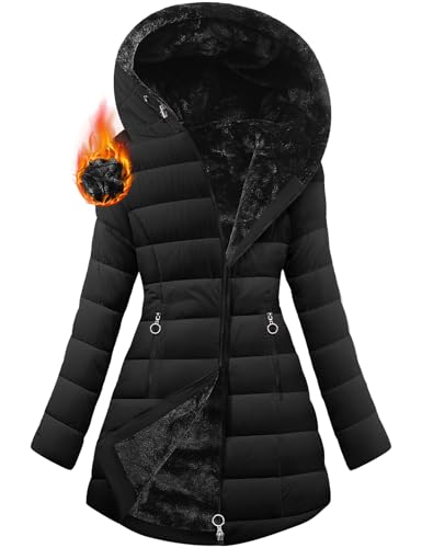 Yuson Girl Damen Winterjacke Winterparka Lang Steppmantel Fleece Gefüttert Mantel Herbst Winter Dicker Warm Parka mit Fell Wasserdicht Outdoor Jacke Elegant Parka mit Tasche(Schwarz, S)