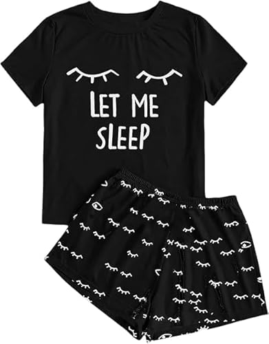 Haloumoning Mädchen Schlafanzüge Sommer Niedliche Shorts Set Bequem Kurzarm Cartoon bedrucktes Pyjama Set T-Shirt und Kurze Hose Set, Schwarz, 8-10 Jahre