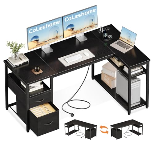 Coleshome Schreibtisch mit 2 Schubladen und Regal, 140×80 cm Eckschreibtisch mit Stauraum und Steckdose, Umkehrbarer Gaming Tisch für Homeoffice & Familienecke, Schwarz