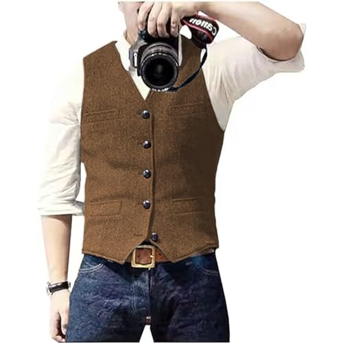 Solovedress Herren Casual Wolle Fischgrätmuster Anzug Weste V-Ausschnitt Tweed Weste für Hochzeit Groomsmen(Braun,L)