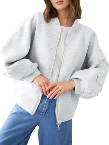 Fisoew Jacke Damen Zip Sweatshirt übergroße Jacken Loose Langarm Sweatjacke mit Taschen.Hellgrau L