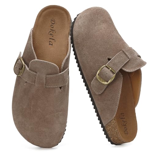 Dokela Clogs Pantoletten Herren Damen Leder Hausschuhe Kork-Fußbett Mules Bequeme Latschen Classic Geschlossene Schlappen, Dunkelbraun, 43 EU