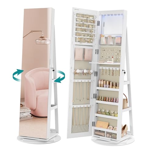 SONGMICS Schmuckschrank, Spiegelschrank, mit rahmenlosem Ganzkörperspiegel, 3 Ablagen, 360° drehbar, abschließbar, weihnachten, Oberfläche in Weiß, Innenfutter in Greige JJC007W02
