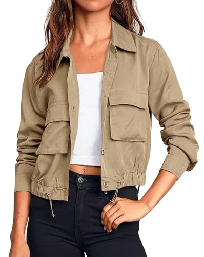 Cicy Bell Übergangsjacke Damen Crop Jacke frühling Leichte Sommerjacke Kurzer Mantel Parka Jacket Herbstjacke.Kamel L