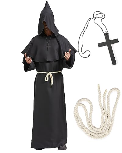 BIQIQI Mönch Robe Priester Kostüm Mönchskostüm Mittelalter Renaissance Hooded Mönch Halloween Zauberer Kostüm mit Mantel Taillenseil und Kreuz Halskette für Erwachsene (S