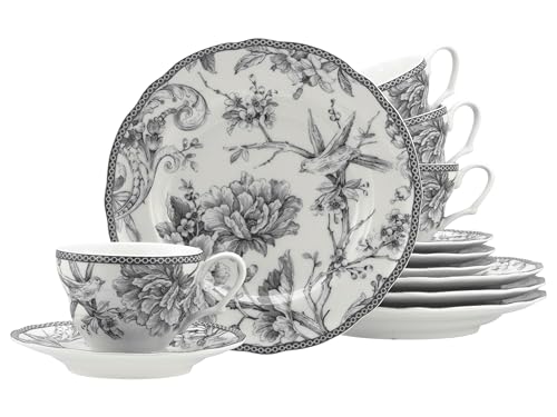 CreaTable, 24766, Serie Adelaide Grau, 12-teiliges Geschirrset für 4 Personen, Kaffeeservice aus Porzellan, spülmaschinen- und mikrowellengeeignet, Qualitätsproduktion