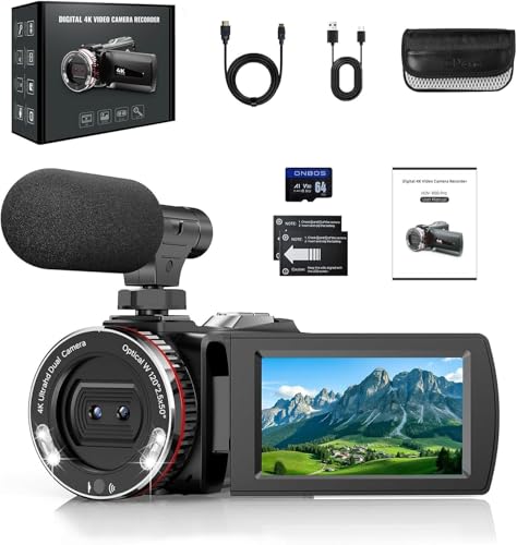 ZIMOCE Videokamera 4K Camcorder, 21X Digital Zoom Vlogging Kamera, 64MP Vlog Kamera für YouTube, 3.0'' 270°Drehbarer Screen Camcorder 4K mit 64 GB Karte, Externem Mikrofon, 2 Batterien