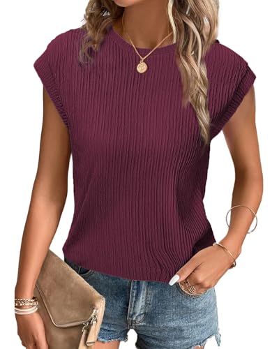 Tanmolo T-Shirt Damen Oberteile Sommer Tank Top mit Flügelärmeln Rundhals Strukturiertes Strickmaterial Unifarben Basic Bluse Elegant Casual Burgunderrot, L