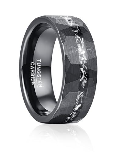 Vakki 8mm Schwarz Wolfram Ring für Herren Damen Gehämmert, strukturiert, Meteorit, für Ehering, Hochzeitstag, Geburtstag, Größe 60(19.1)