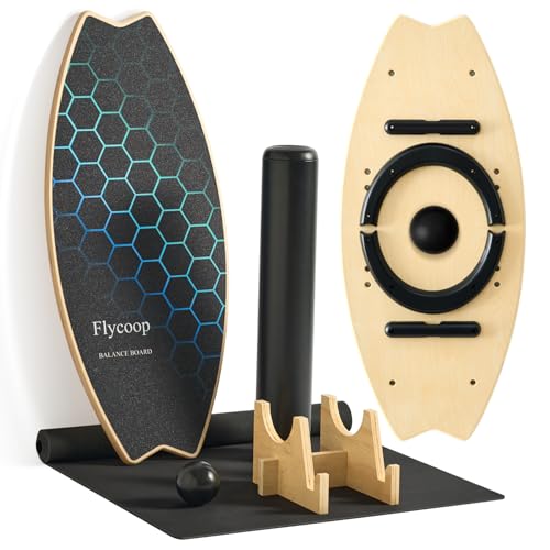 Flycoop Balance Board, Balance Board Erwachsene Balance Brett Holz Balanceboard inkl. Rolle, Balance Ball, Matte, Halterung