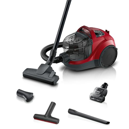 Bosch Staubsauger beutellos Serie 4 BGS21CAR, Hygiene-Filter, 10 Jahre Motorgarantie, XXL-Polsterdüse, XXL-Fugendüse, Mini-Turbo-Düse, Fahrzeug-Innenreinigung, hohe Saugkraft, kompakt, 750 W, rot