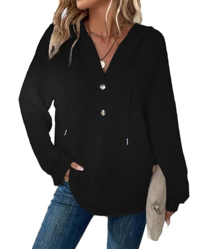 GRMLRPT Hoodie Damen Kapuzenpullover V Ausschnitt Tops Casual Kaputzenpullis Frauen Essentials Hoodie Langarmshirt Damen Sweatshirt Frühling Herbst(Schwarz,L)