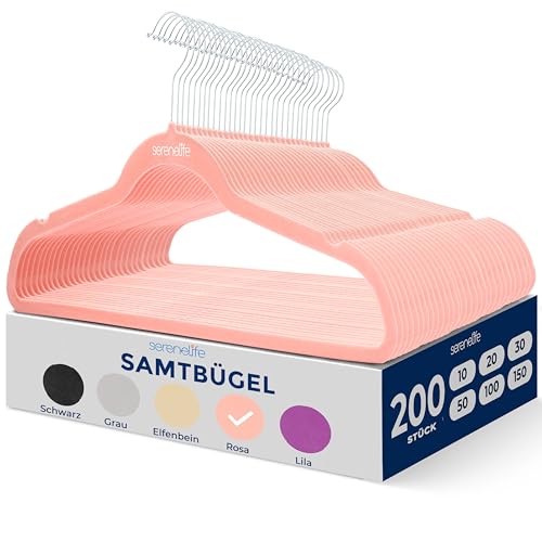 SereneLife Samt-Kleiderbügel Rosa – 200 Stück, Ultradünn, rutschfest & 360° Drehbarer Haken, Platzsparend & Stabil, Für Hemden, Hosen, Jacken, Ideal zur Kleiderorganisation im Schrank