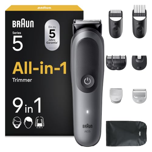Braun Multigroom All-in-One Series 5, 9-in-1 Trimmer-Set 5, AIO5545, Grau - Barttrimmer, Haarschneider, Haarschneidemaschine für Gesicht, Kopf und Körper, 14 Längen, 120 Min. Akku, Wasserdicht