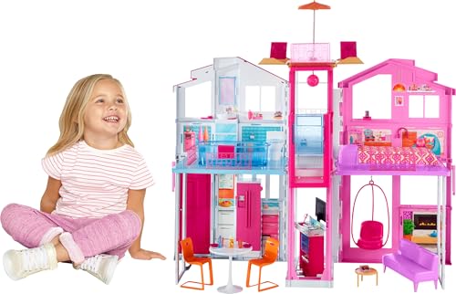 Barbie Haus Traumvilla, Stadthaus mit 3-Etagen und 5 Zimmern, inkl Zubehör wie Möbel, faltbar und aufbewahrbar, Spielzeug ab 3 Jahren, DLY32