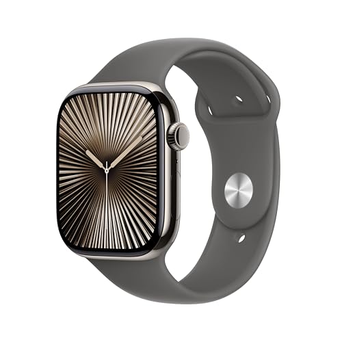 Apple Watch Series 10 (GPS + Cellular 46 mm) Smartwatch mit Titangehäuse in Natur und Sportarmband in Steingrau (S/M). Fitnesstracker, EKG App, Always-On Retina Display, Wasserschutz