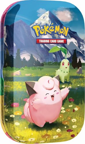 Pokémon-Sammelkartenspiel: Mini-Tin-Box Mega-Entwicklung – Erhabene Helden: Piepi und Endivie (1 Stickerbogen, 1 Pokémon-Bildkarte und 2 Boosterpacks)