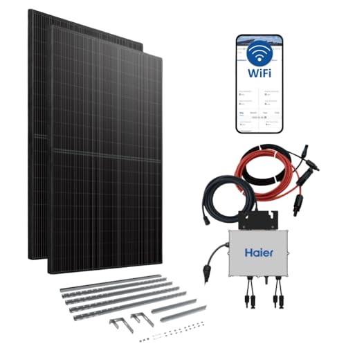 Haier 840 W Balkonkraftwerk inkl. sturmsicherer Balkon-Halterung, 600 W / 800 W Stecker-Solaranlage mit 2x 420 W Modulen und Wechselrichter, 5 m Kabel, WiFi