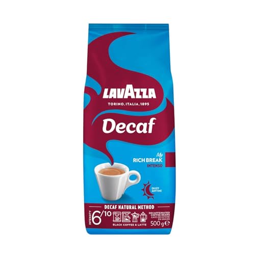 Lavazza, Decaf „My Rich Break“ Intenso, Entkoffeinierte Kaffeebohnen, Ideal für Cappuccino, mit Aroma Noten von Tabak und Holz, Arabica und Robusta, Intensität 6/10, Mittel-Dunkel Röstgrad, 500 g