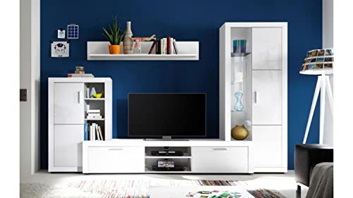 Möbel Akut Wohnwand Wohnzimmer Anbauwand Breite 270 cm Tuna Front weiß Hochglanz Vitrine TV-Board Highboard Wandboard