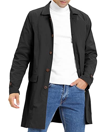 Feziakuk Herren Trenchcoat Einreihig Lang Mantel Leichter Revers Herbst Winter Jacke Übergangsjacke, Schwarz XL