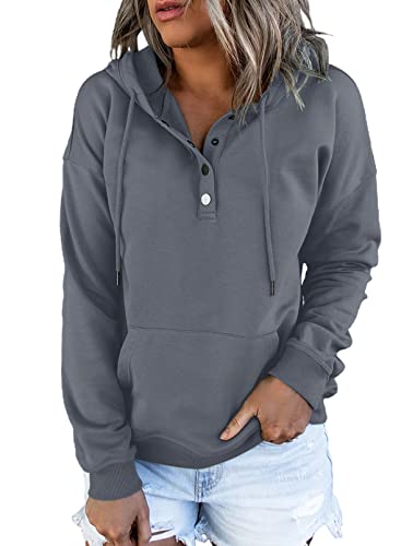 Dokotoo Kapuzenpullover Damen Knopfleiste Hoodie Pullover Langarm Herbst Winter Sweatshirt Oberteile Pulli, grau, XL