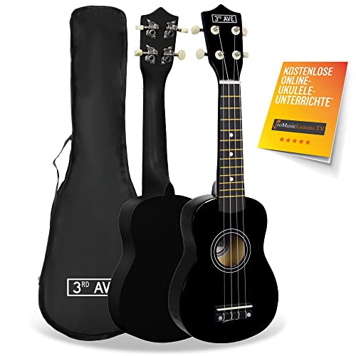 3rd Avenue Sopran-Ukulele für Anfänger, 54 cm/21“ mit Ukuleletasche – in Schwarz – KOSTENLOSE 1-monatige Online-Lektionen