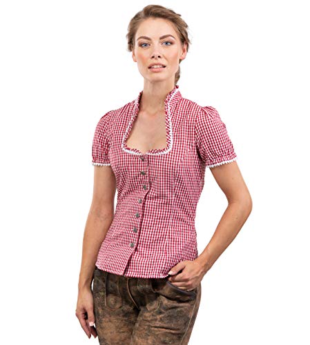 Trachtenbluse Jasmin rot/Weiss kariert - traditionelle, taillierte Trachten Bluse mit Stehkragen & Herzknöpfen (46)