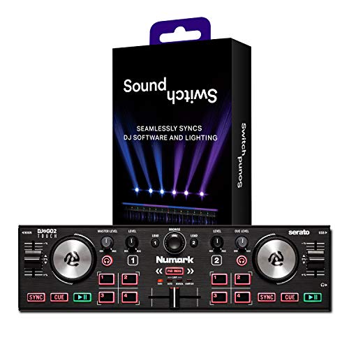 Numark DJ2GO2 Touch + SoundSwitch Micro DMX Interface - 2-Deck USB DJ-Controller für Serato DJ mit Mixer/Crossfader + USB zu DMX Interface mit 3 Monaten freiem SoundSwitch Software-Zugriff