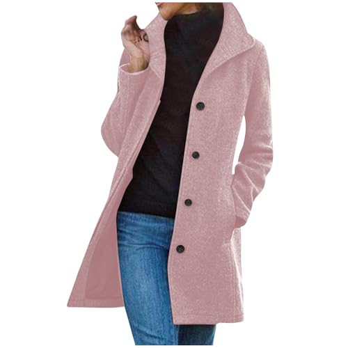 Wintermantel Damen Elegant Wollmantel Lang Trenchcoat Langarm Revers Winterjacke Windbreaker Einreihe Strickjacke Jacke Einfarbig Winter Übergangsjacke Warme Wolljacke Mantel Windjacke Große Größen