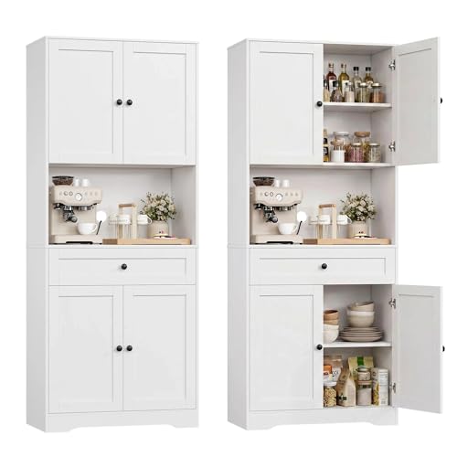 FOREHILL Küchenschrank Hochschrank, Küchenbuffet Buffetschrank mit Arbeitsplatte, 4 Türen, Schublade, Kabelloch, verstellbaren Einlegeböden, Mehrzweckschrank für Wohnzimmer Küche 75x40x180cm, Weiß