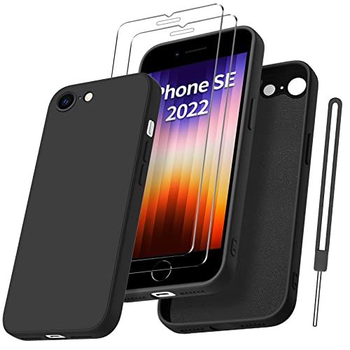 Qasyfanc HandyHülle für iPhone SE 2022 Hülle iPhone SE 2020 Hülle iPhone 8/7 Hülle Silikon case mit 2 Stück Panzerfolie, Ultra Microfiber TPU Flüssig mit Kameraschutz Schutzhülle (Schwarz)