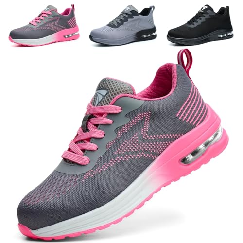 WUAYAMI Sicherheitsschuhe Arbeitsschuhe Herren Damen Leicht Atmungsaktiv Stahlkappenschuhe Sportlich Schutzschuhe rutschfeste mit Stahlkappe Sneaker, Rosa, 39 EU