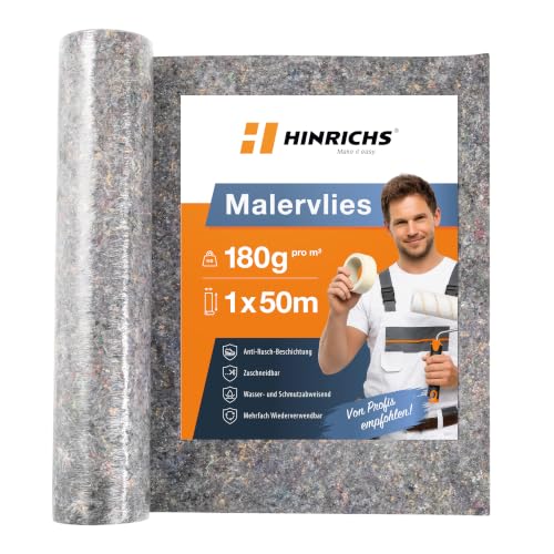 Hinrichs Malervlies 50m x 1m Rolle 180g/m² - Maler-Abdeckvlies mit Anti-Rutsch Beschichtung - Abdeckfliesse für Boden - Allzweckvlies als Schutz für Boden, Treppen & Möbel bei Renovierung & Umzug